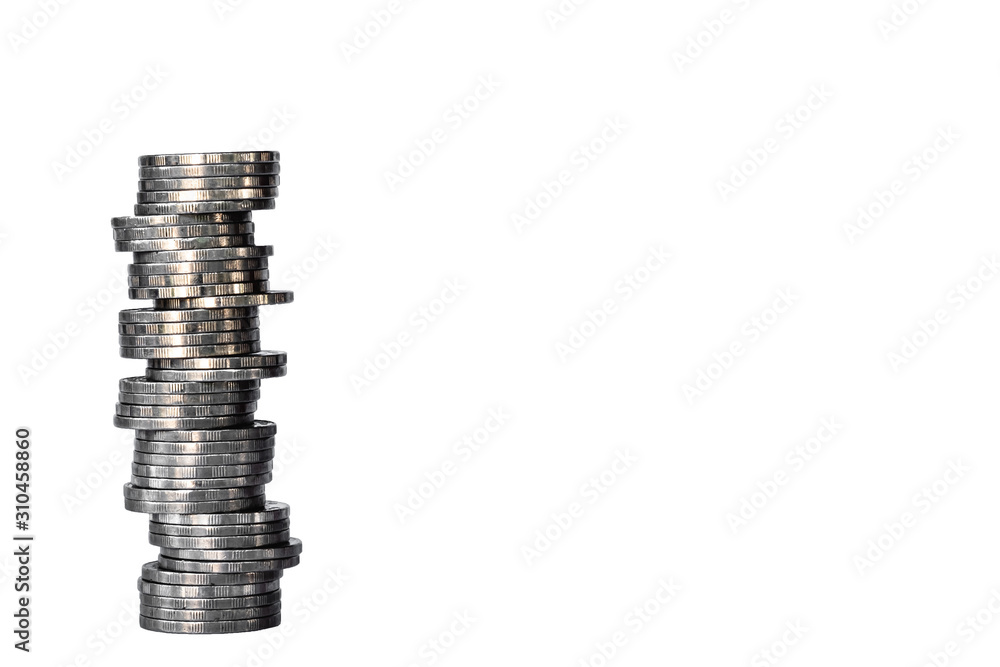 High stack of coin on white background with clipping. High risk high return. Financial risk. High stack of coin on white background with clipping. High risk high return. Financial risk.