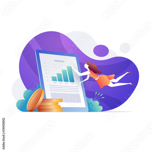 Financial analyst doing income statement with large screen