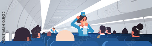 stewardess explaining for passengers how to use oxygen mask in emergency situation flight attendants safety demonstration concept modern airplane board interior horizontal vector illustration