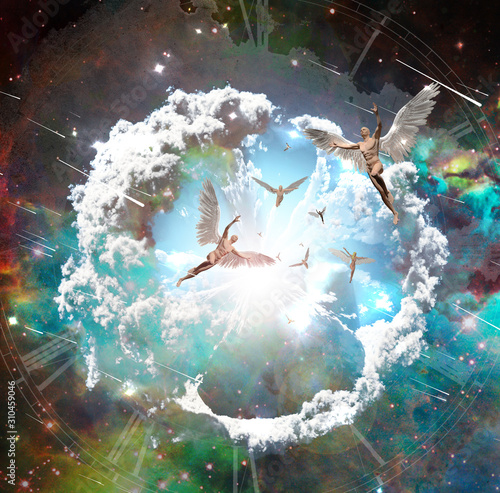 Fotografie Vivid galaxy. Winged men represents angels. 3D rendering