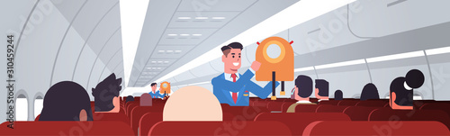 steward explaining passengers how to use jacket life vest in emergency situation flight attendants safety demonstration concept modern airplane board interior horizontal flat vector illustration