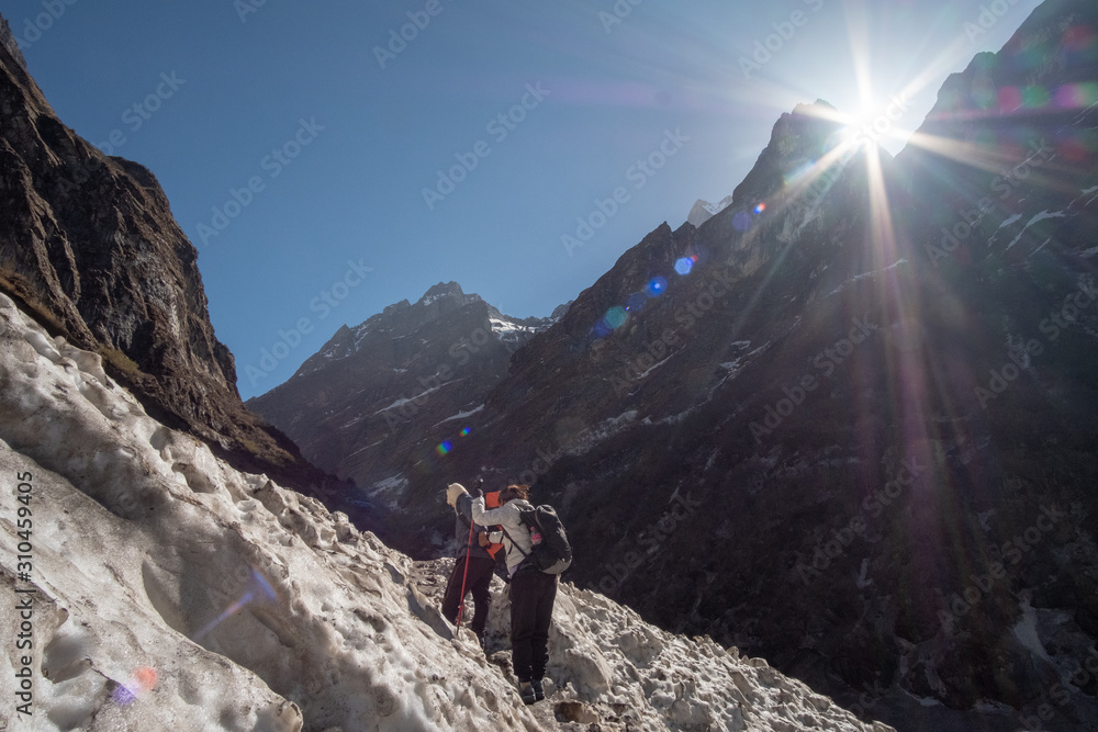 Trekker on the way to Annapurna base camp. Nepal