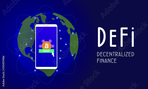 Decentralized finance (DeFi) - open-source community of projects, using blockchain, that develops solutions in decentralized financial system. Flat vector illustration DeFi fintech isolated concept