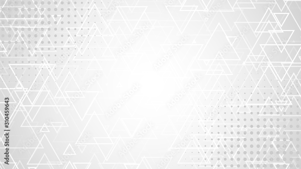 Abstract gray white background. White Triangle pattern on gradient backdrop. Halftone pattern. Outline Triangles. Blank geometric presentation, poster, print, cover template. Stock vector illustration