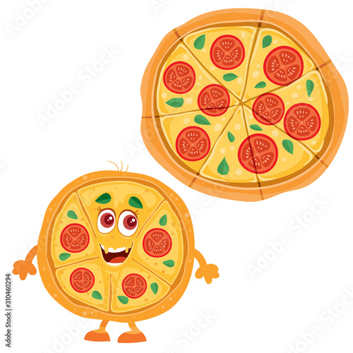 whole pizza and pizza character, food, fast food, isolated object on a white background, vector illustration