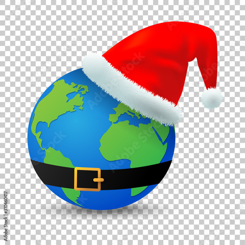 The earth with a Santa Claus hat and belt on transparent background, Merry Christmas concept