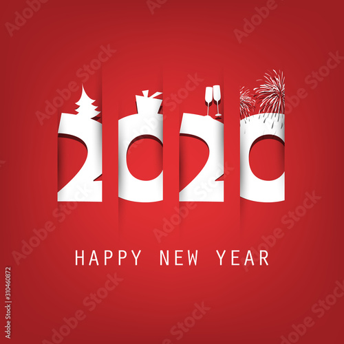 Simple Red and White New Year Card, Cover or Background Design Template With Christmas Tree, Gift Box, Drinking Glasses And Fireworks Icons - 2020