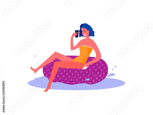 Happy girl on water tube using smartphone. Single person, connection, summer, gadget flat vector illustration. Leisure activity and free time concept for banner, website design or landing web page