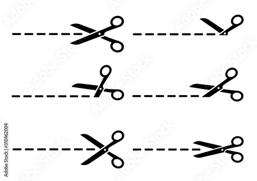 set of black isolated scissors cutting line
