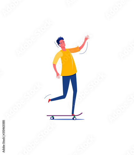 Cartoon smiling man riding on skateboard and listening music. Skateboarding flat vector illustration. Leisure concept for banner, website design or landing web page