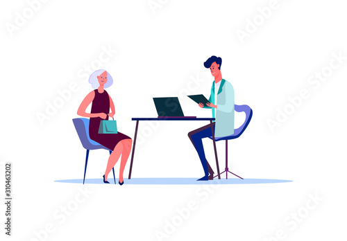 Doctor consulting patient. Reception at doctor flat vector illustration. medical care concept for banner, website design or landing web page