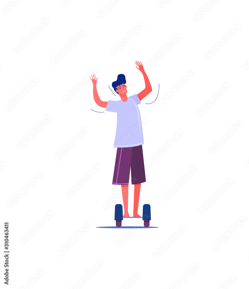 Male character on hoverboard. Young man riding gyro scooter flat vector illustration. Alternative urban transportation concept for banner, website design or landing web page