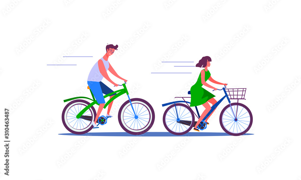 Man and woman riding bicycles. Transportation flat vector illustration. City transport concept for banner, website design or landing web page