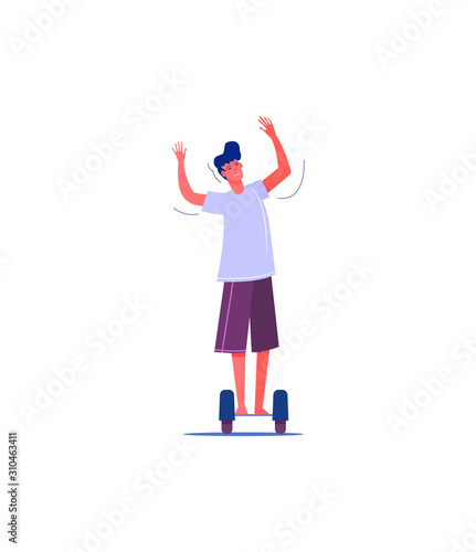 Male character on hoverboard. Young man riding gyro scooter flat vector illustration. Alternative urban transportation concept for banner, website design or landing web page