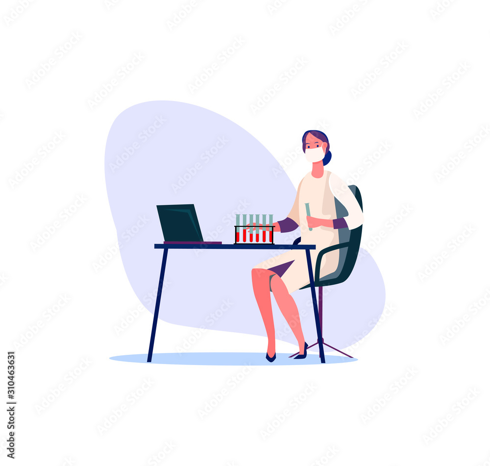 Medical worker in white coat working in lab. Female worker with test-tube flasks with substances flat vector illustration. Clinical analysis concept for banner, website design or landing web page