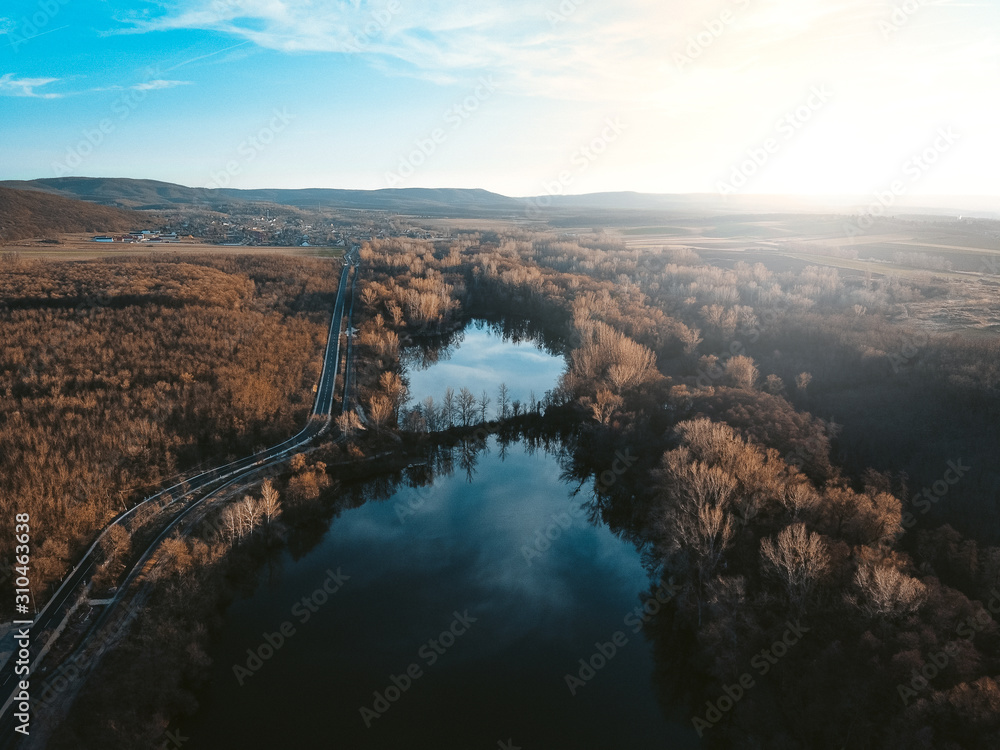 sunrise over the lake, aerial photography