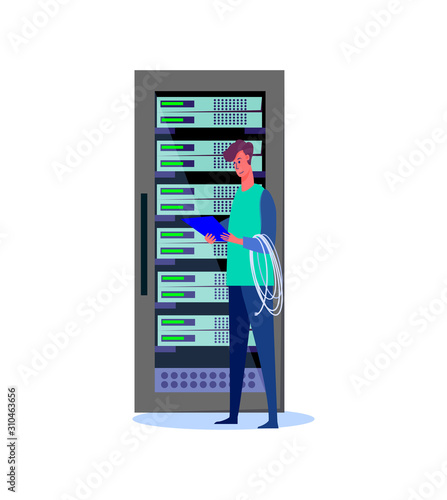Network engineer in hardware data center. Technician building server database flat vector illustration. Technology concept for banner, website design or landing web page