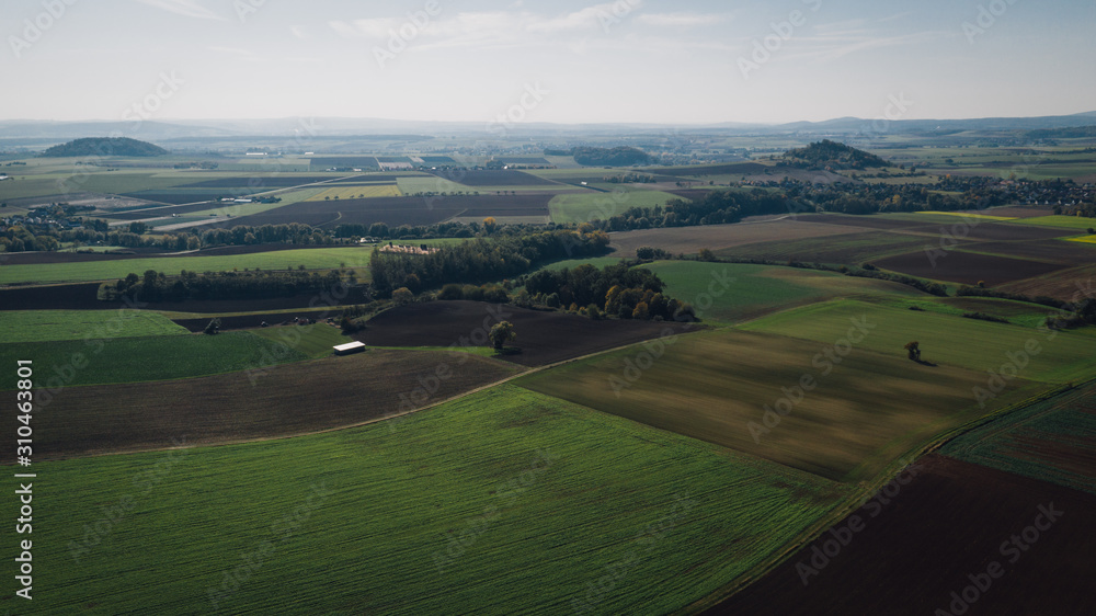 View from above over rural Germany with farmland in autumn