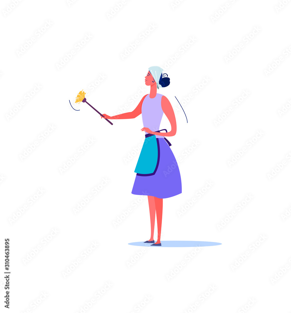 Woman removing dust with yellow duster. Daily life and routine by young woman at home flat vector illustration. Cleaning concept for banner, website design or landing web page