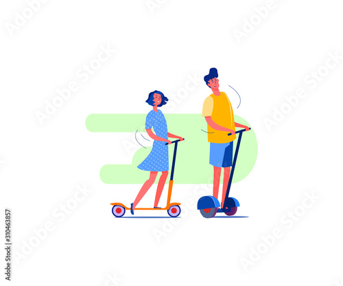 Urban electric vehicles, kick scooter and gyro scooter. Man and woman characters flat vector illustration. Alternative urban transportation concept for banner, website design or landing web page