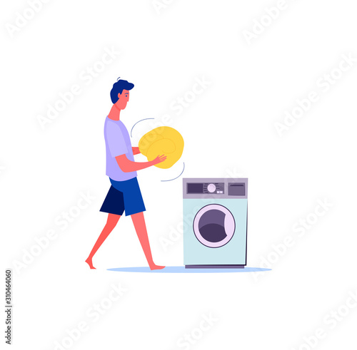 Young man walking to washing machine with dirty clothes. Housekeeping flat vector illustration. Laundry concept for banner, website design or landing web page