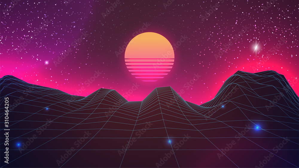 Synthwave Sunset Background. Virtual 3d landscape with Sun. Perspective ...