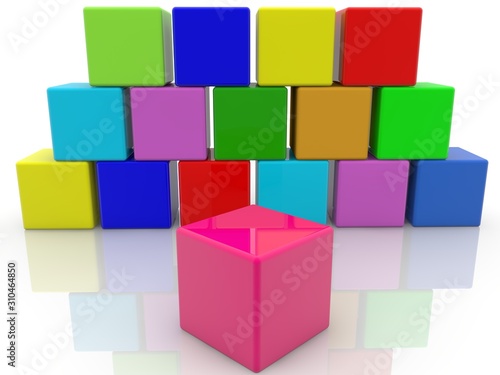 Colored cube wall with a red cube in the foreground