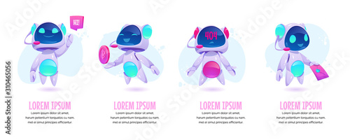 Chat bot banners set. Future marketing innovation, artificial intelligence digital technology, ai robot marketer financial business online consultation, customer support. Cartoon vector illustration