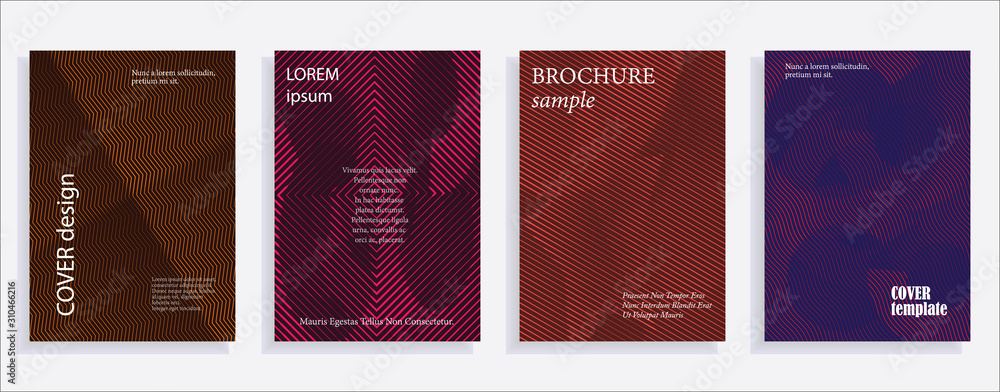 Minimalistic cover design templates. Set of layouts for covers of books, albums, notebooks, reports, magazines. Line halftone gradient effect, flat modern abstract design. Geometric mock-up texture