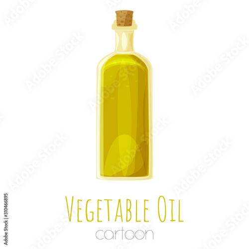Vegetable oil glass bottle, cartoon isolated vector elements.