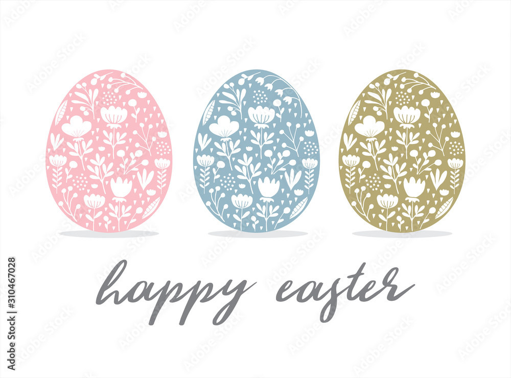 Happy Easter Vector Card. Cute Eggs in 3 Diferent Colors Isolated on a White Background. Pink,Blue and Green Eggs with and Drawn Floral Ornament Inside. Easter Illustration for Card, Greeting, Banner. Happy Easter Vector Card. Cute Eggs in 3 Diferent Colors Isolated on a White Background. Pink,Blue and Green Eggs with and Drawn Floral Ornament Inside. Easter Illustration for Card, Greeting, Banner.