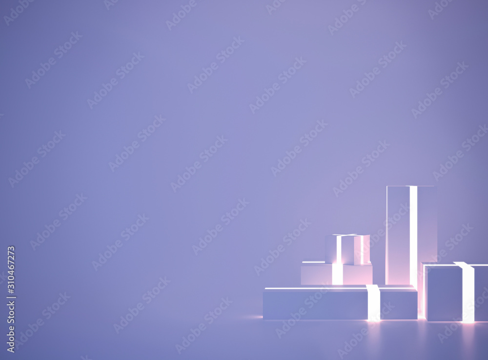 Fototapeta premium New year present boxes with glowing ribbon on purple studio background. 3d rendering. Christmas concept design with neon light