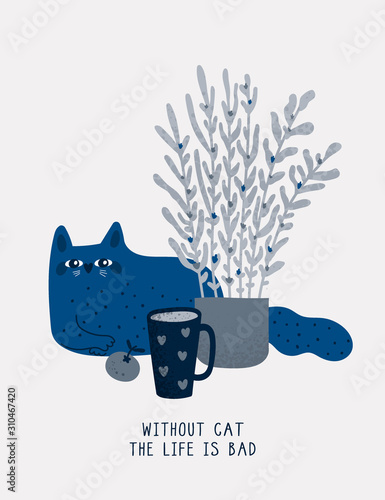 Adorable kitty with cup of tea and flower. Funny cat pet isolated on white background. Cute domestic animal. Colorful vector illustration in flat cartoon style. Ideal for card, poster, print, textile