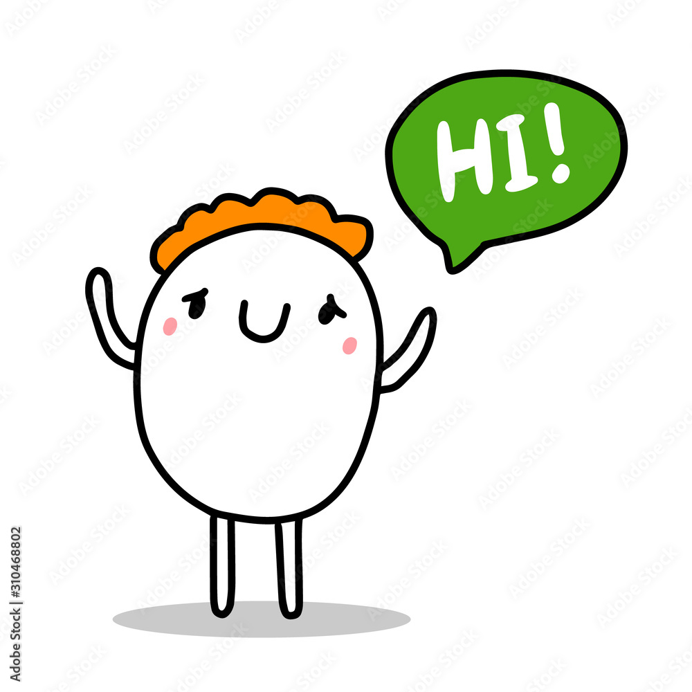 Hi hand drawn vector illustration in cartoon comic style happy man saying speech bubble Hi hand drawn vector illustration in cartoon comic style happy man saying speech bubble