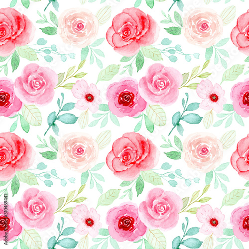 pink green floral watercolor seamless pattern