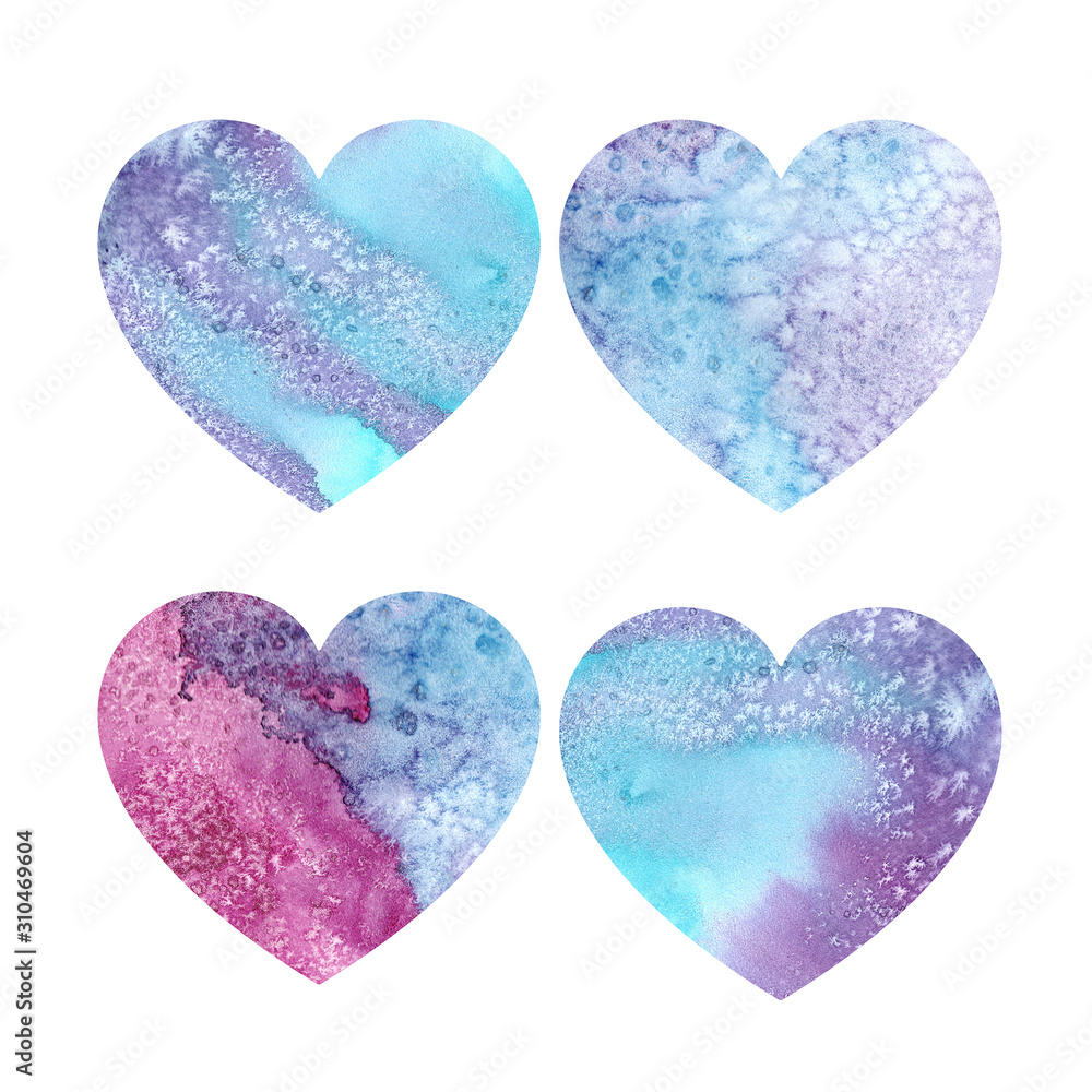 Happy Valentine's Day. Set of cold hearts with a texture of snow. Watercolor element for your design.