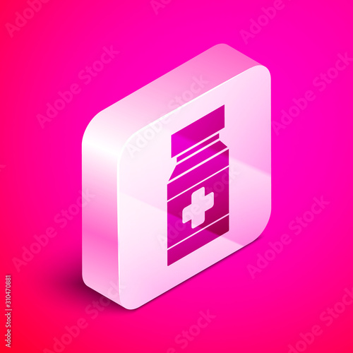 Isometric Dog medicine bottle and pills icon isolated on pink background. Container with pills. Prescription medicine for animal. Silver square button. Vector Illustration