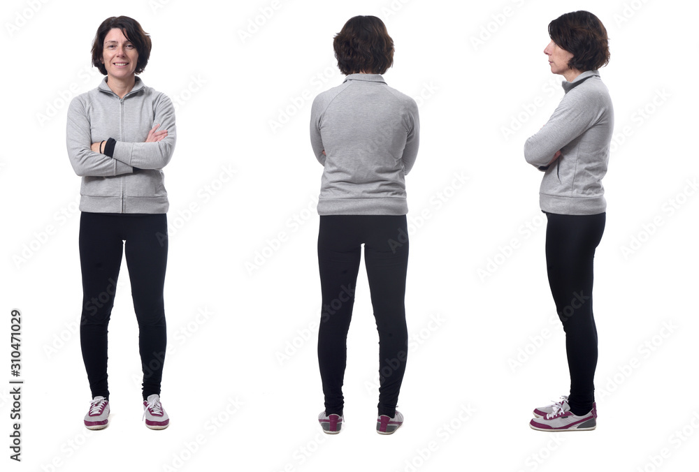 full length portrait of a woman front , back and side ways, arms crossed on white background full length portrait of a woman front , back and side ways, arms crossed on white background