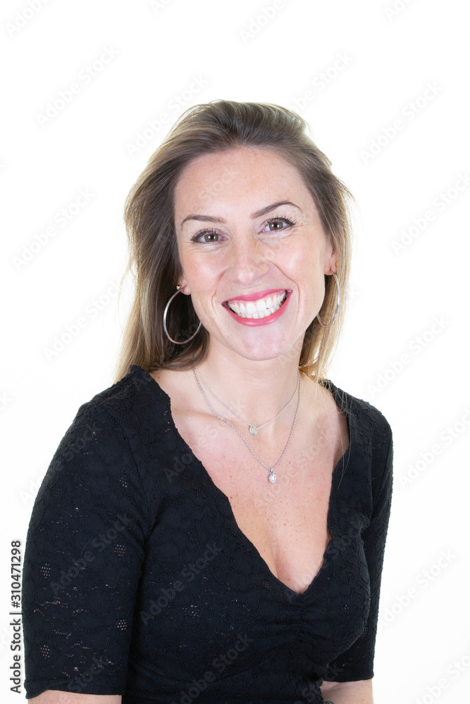 Smiling business woman with black shirt on white background Confident successful girl happy beauty smile Smiling business woman with black shirt on white background Confident successful girl happy beauty smile