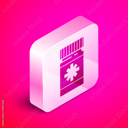 Isometric Dog medicine bottle and pills icon isolated on pink background. Container with pills. Prescription medicine for animal. Silver square button. Vector Illustration