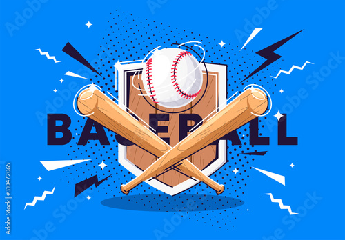 Vector illustration of a composition of baseball bats and a baseball on the background of a wooden shield