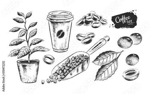 Black and white illustration set of coffee sack