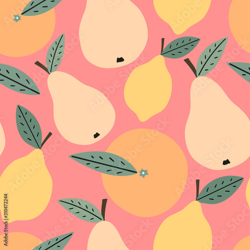 Hand drawn fruits seamless pattern for print, textile, fabric. Trendy kids fruits background. Lemon, orange and pears background.