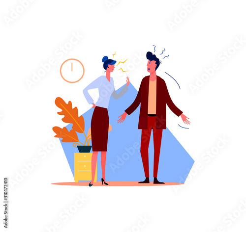 Female boss scolding male office worker. Quarrel flat vector illustration. Conflict at work concept for banner, website design or landing web page