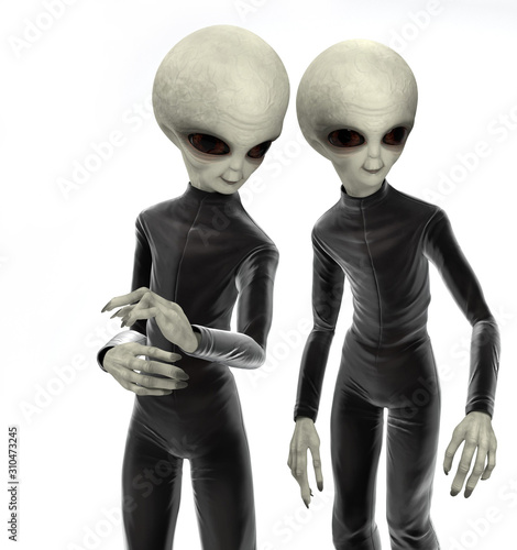 Photorealistic two aliens in a black jumpsuit isolated on a white background. 3 d illustration. 3 d character.