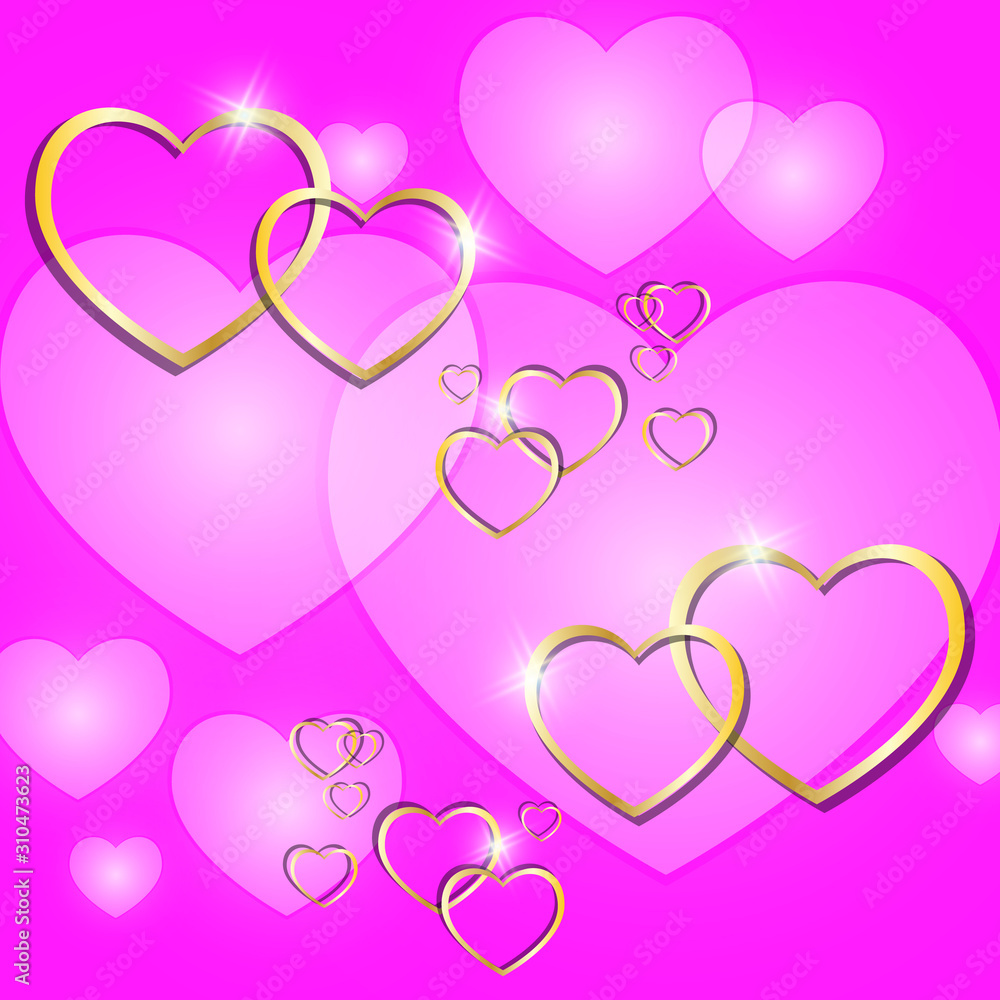 Valentine's day festive background. Golden hearts with highlights on a pink background.