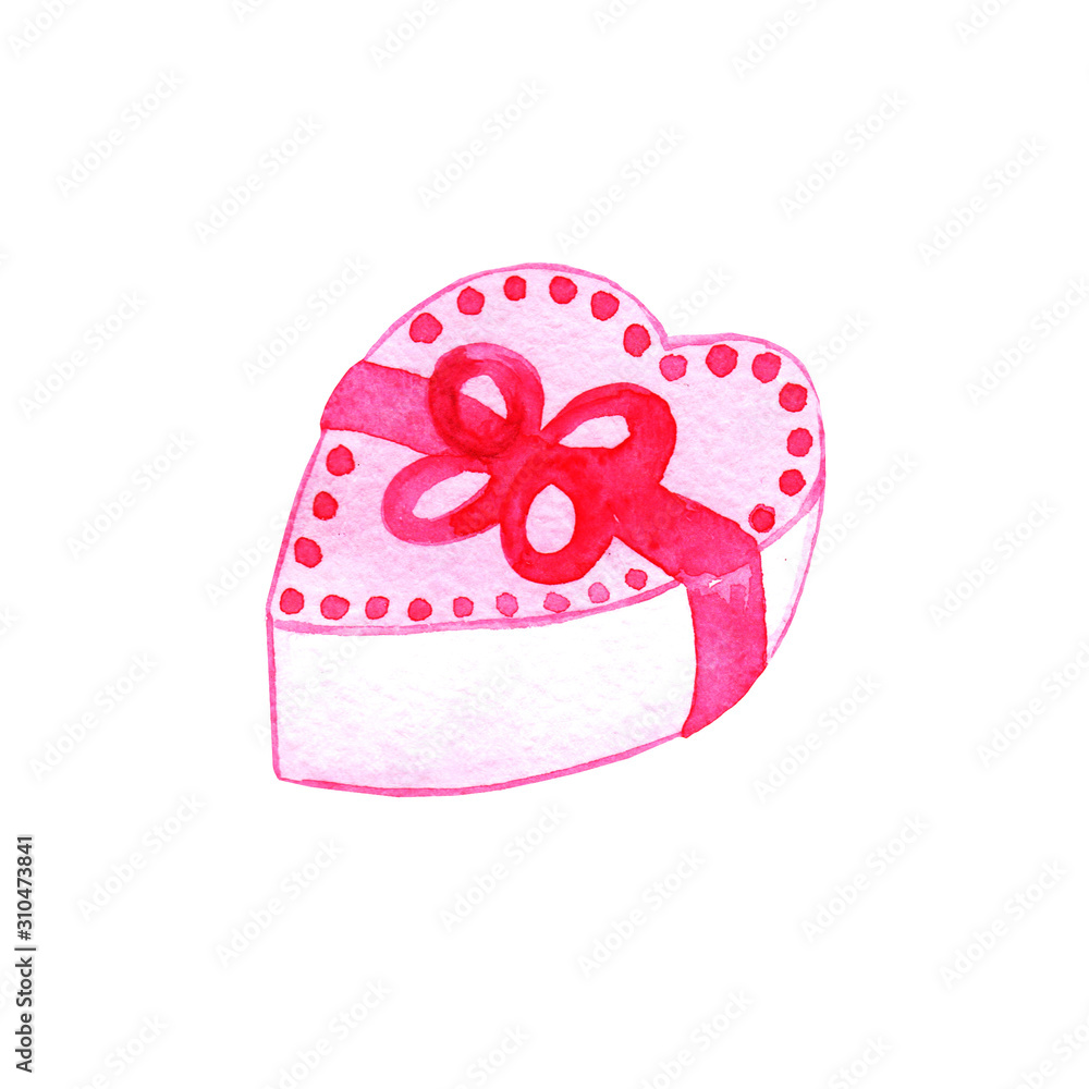 Hand drawn pink watercolor gift with bow isolated on white background. Best for card, banners, wedding, adc, Valentines day, greeting Hand drawn pink watercolor gift with bow isolated on white background. Best for card, banners, wedding, adc, Valentines day, greeting
