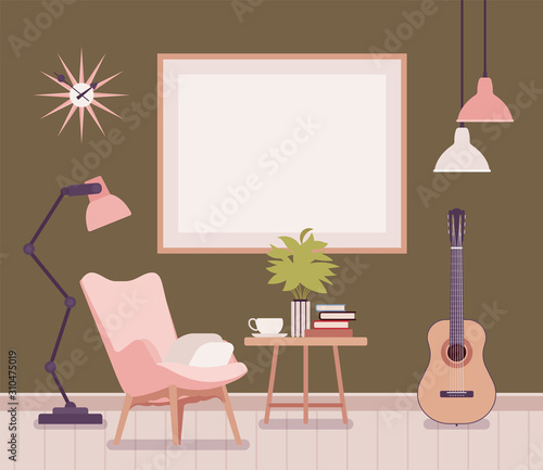 Living room decorating idea. Functional apartment, empty wall poster, armchair, lampstand, coffee table with cup, books and comfortable retro space to inspire. Vector flat style cartoon illustration
