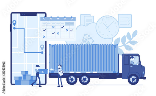 Order tracking system, smartphone screen. Track journey shipping tracker to customer, warehouse, goods pick up, delivery, fulfillment process app service. Vector illustration with faceless characters