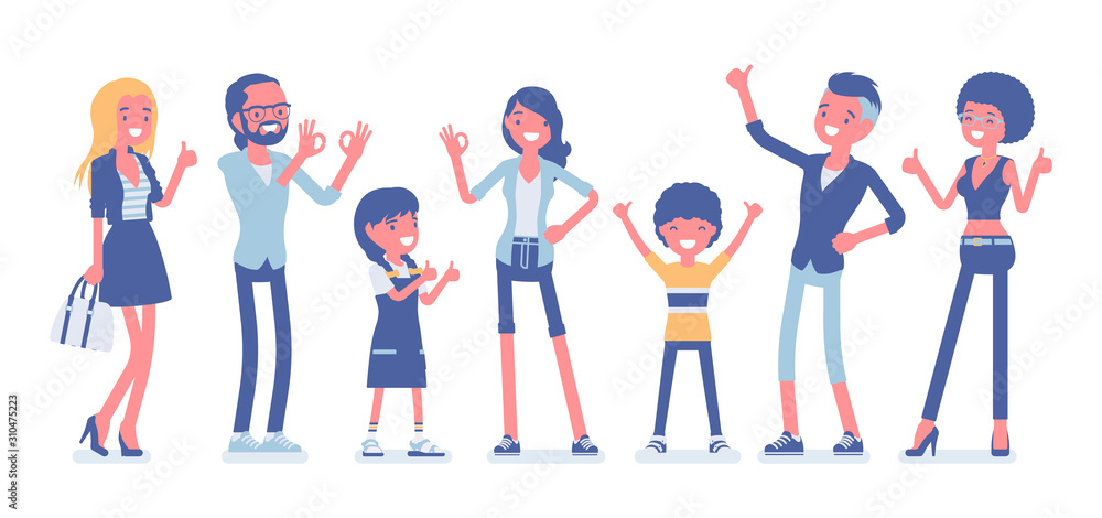 Recommendation and approval. Group of diverse people showing gesture of agreement, good or acceptable, feeling, having a positive opinion, recommend best choice. Vector flat style cartoon illustration
